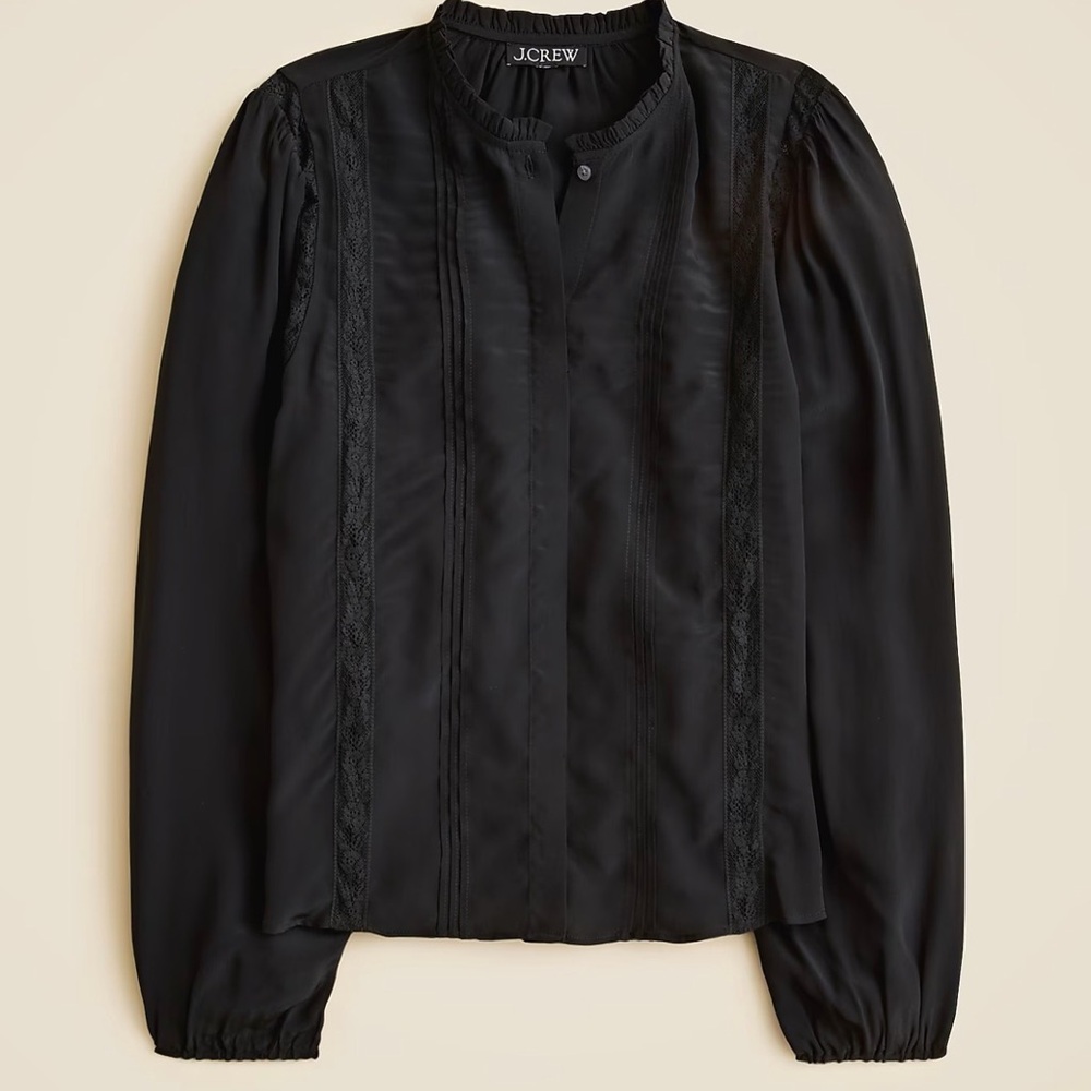NWT J. Crew Black Lace-trim pintuck top in crepe de chine